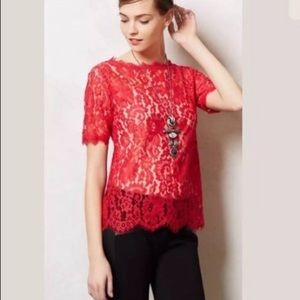 Women's Anthropologie Vanessa Virginia Red Sheer Lace Elysian Top - size XXSP